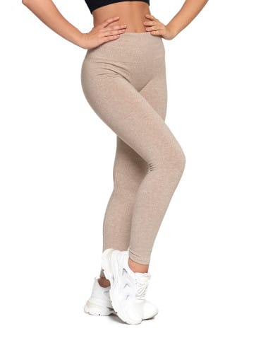 Legginsy damskie - Legginsy damskie ocieplane z wysokim stanem i szerokim pasem BEŻOWY - produkt 8