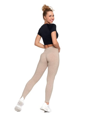 Legginsy damskie - Legginsy damskie ocieplane z wysokim stanem i szerokim pasem BEŻOWY - produkt 9