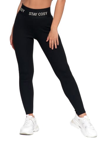 Legginsy damskie - Legginsy damskie ocieplane w prążek wysoki stan CZARNY - produkt 2