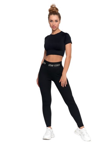 Legginsy damskie - Legginsy damskie ocieplane w prążek wysoki stan CZARNY - produkt 5