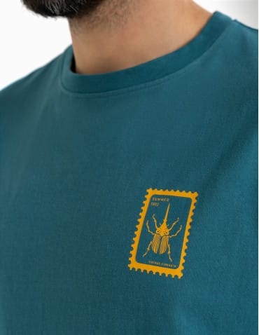T-shirty basic - T-shirt męski luźny bawełniany z minimalistycznym nadrukiem NIEBIESKI - produkt 2