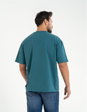 T-shirty basic - T-shirt męski luźny bawełniany z minimalistycznym nadrukiem NIEBIESKI - produkt 6