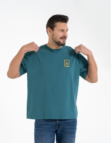 T-shirty basic - T-shirt męski luźny bawełniany z minimalistycznym nadrukiem NIEBIESKI - produkt 7
