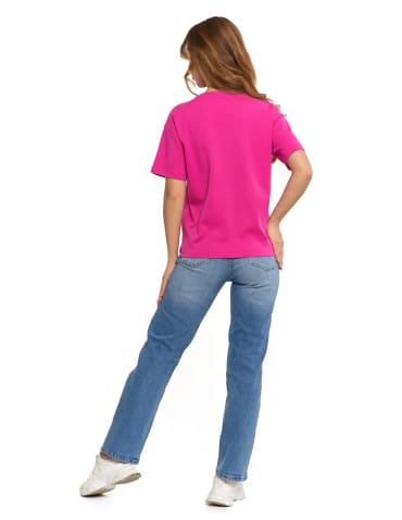 Koszulki i T-shirty - T-shirt damski luźny z haftowanym wzorem FUKSJA - produkt 1