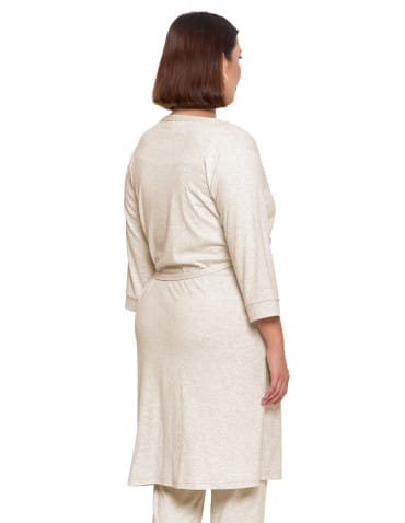 Szlafroki cienkie - Krótki szlafrok damski Plus Size z prążkowanej dzianiny BEŻOWY - produkt 3