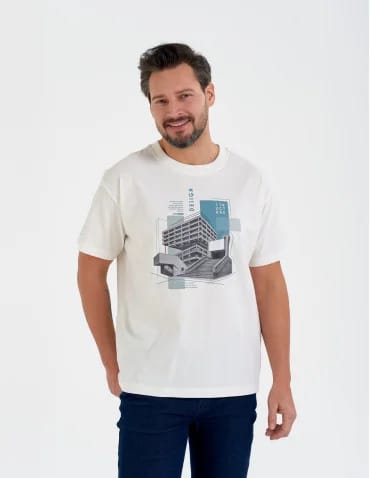 Koszulki z krótkim rękawem - T-shirt męski bawełniany oversize z nadrukiem architektonicznym BIAŁY - produkt 1