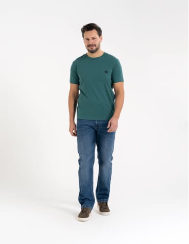 Koszulki z krótkim rękawem - T-shirt męski bawełniany regularny krój z gumową naszywką CIEMNY ZIELONY - produkt 6