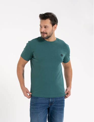 Koszulki z krótkim rękawem - T-shirt męski bawełniany regularny krój z gumową naszywką CIEMNY ZIELONY - produkt 4
