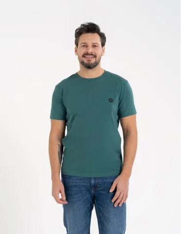 Koszulki z krótkim rękawem - T-shirt męski bawełniany regularny krój z gumową naszywką CIEMNY ZIELONY - produkt 1