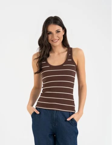 Topy na ramiączkach - Damska koszulka tank top w prążek bawełniana BRĄZOWY - produkt 1