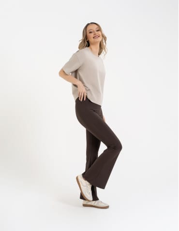 Legginsy z wysokim stanem - Legginsy dzwony damskie wysoki stan z rozszerzaną nogawką BRĄZOWY - produkt 5