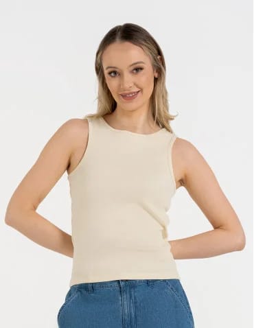 Topy na ramiączkach - Damska koszulka Tank Top w prążek BEŻOWY - produkt 1