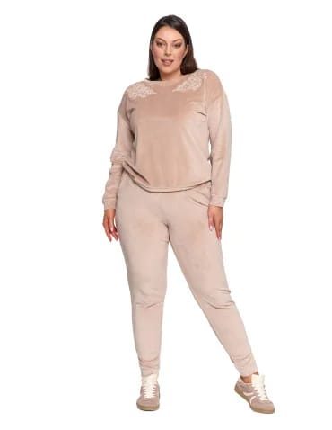 Bluzy damskie - Bluza damska welurowa bez kaptura z haftem BEŻOWY - produkt 1
