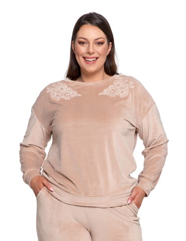 Bluzy damskie - Bluza damska welurowa bez kaptura z haftem BEŻOWY - produkt 4