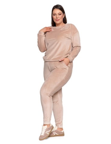 Bluzy damskie - Bluza damska welurowa bez kaptura z haftem BEŻOWY - produkt 5