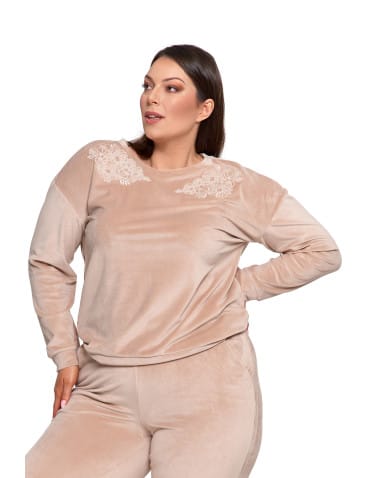 Bluzy damskie - Bluza damska welurowa bez kaptura z haftem BEŻOWY - produkt 9