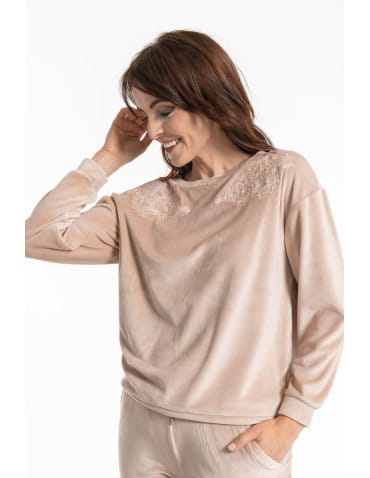Bluzy damskie - Bluza damska welurowa bez kaptura z haftem BEŻOWY - produkt 9