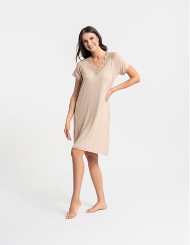 Koszule nocne z krótkim rękawem - Koszula nocna damska z krótkim rękawem Plus Size z wiskozy bambusowej BEŻOWY - produkt 9