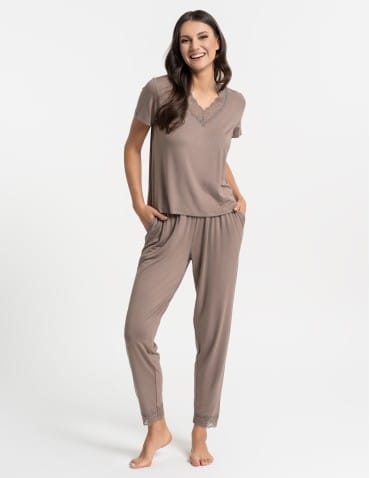 Piżamy z krótkim rękawem - Piżama damska z długimi spodniami Plus Size wiskoza bambusowa MOKKA - produkt 5
