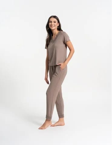 Piżamy z krótkim rękawem - Piżama damska z długimi spodniami Plus Size wiskoza bambusowa MOKKA - produkt 1