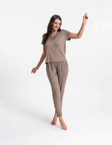 Piżamy z krótkim rękawem - Piżama damska z długimi spodniami Plus Size wiskoza bambusowa MOKKA - produkt 6