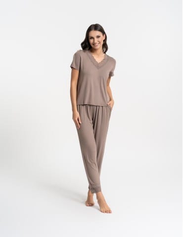 Piżamy z krótkim rękawem - Piżama damska z długimi spodniami Plus Size wiskoza bambusowa MOKKA - produkt 10