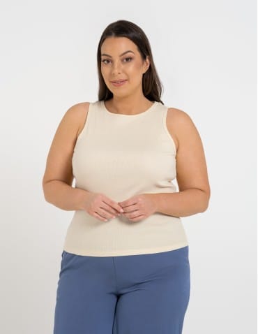 Topy na ramiączkach - Damska koszulka Tank Top w prążek BEŻOWY - produkt 10