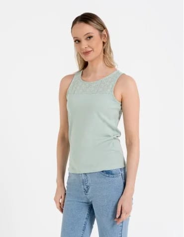Koszulki i T-shirty - Damska bluzka bez rękawów bawełniana z ażurowym wykończeniem ZIELONY - produkt 1