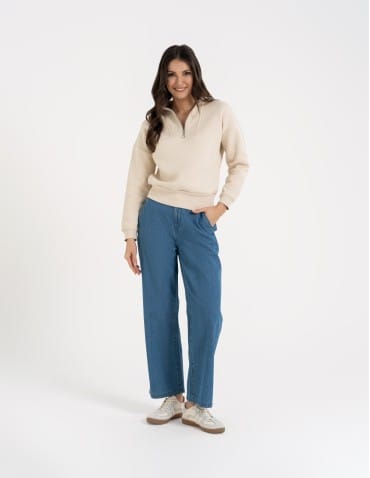 Bluzy damskie - Damska bluza dresowa ze stójką i zamkiem ocieplana BEŻOWY - produkt 9