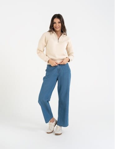 Bluzy damskie - Damska bluza dresowa ze stójką i zamkiem ocieplana BEŻOWY - produkt 10