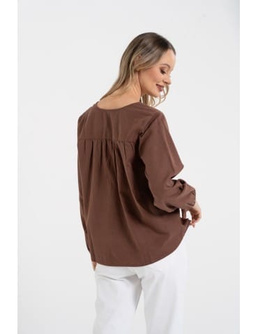 Bluzki z długim rękawem - Bluzka damska lniana casual z długim rękawem BRĄZOWY - produkt 7