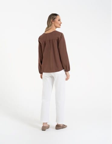 Bluzki z długim rękawem - Bluzka damska lniana casual z długim rękawem BRĄZOWY - produkt 11