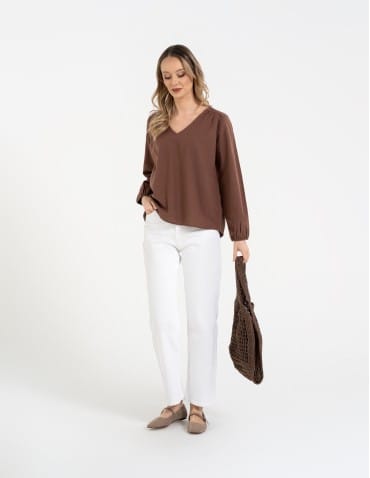Bluzki z długim rękawem - Bluzka damska lniana casual z długim rękawem BRĄZOWY - produkt 10
