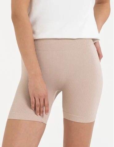 Bezszwowe legginsy kolarki damskie z wysokim stanem w prążek - BEŻOWY - produkt 2