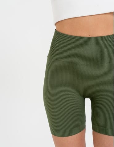 Legginsy damskie - Bezszwowe legginsy kolarki damskie z wysokim stanem w prążek KHAKI - produkt 5