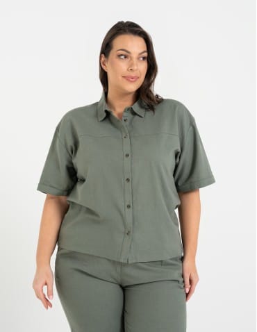 Koszule - Koszula damska casual elegancka z lnu i wiskozy i krótkim rękawem ZIELONY - produkt 10