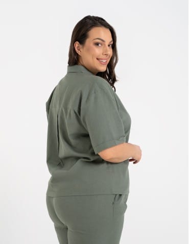 Koszule - Koszula damska casual elegancka z lnu i wiskozy i krótkim rękawem ZIELONY - produkt 11