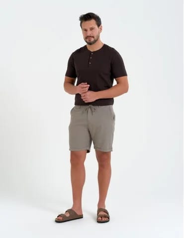 Szorty materiałowe - Spodenki męskie lniane casual wiązane z kieszeniami BEŻOWY - produkt 1