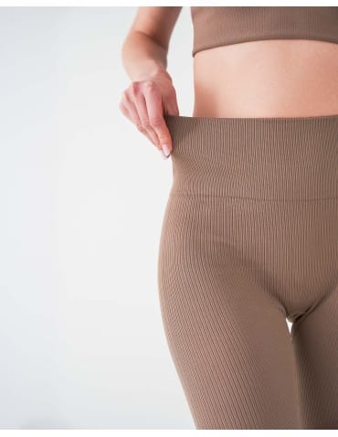 Legginsy damskie - Legginsy damskie o wysokim stanie z prążkowaną strukturą MOKKA - produkt 2