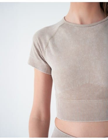 Koszulki i T-shirty - Sportowy top damski z krótkim rękawem BEŻOWY - produkt 2