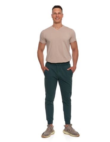 Spodnie męskie - Męskie spodnie dresowe z kieszeniami i ściągaczem KHAKI - produkt 3
