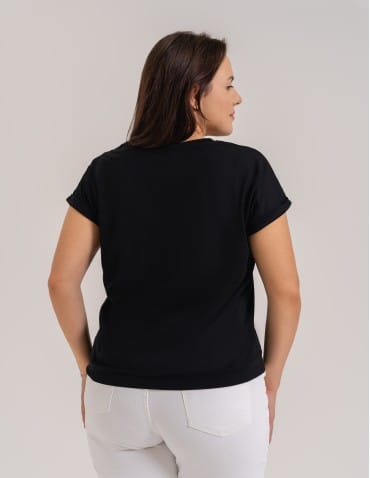 Bluzki z krótkim rękawem - Bluzka damska z domieszką modalu i dekoltem V Plus Size CZARNY - produkt 7