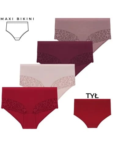 Majtki damskie maxi bikini bawełniane z wysokim stanem i kwiatową koronką 4-pak