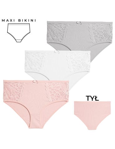 Majtki damskie maxi bikini bawełniane prążkowane komplet z koronkową wstawką 3-pak