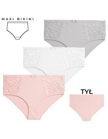Majtki damskie maxi bikini bawełniane prążkowane komplet z koronkową wstawką 3-pak