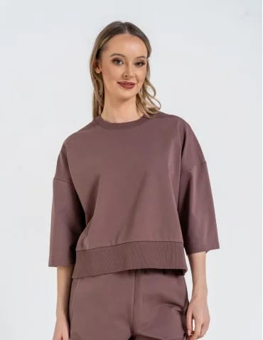 Bluza dresowa damska o luźnym kroju bez kaptura - MOKKA