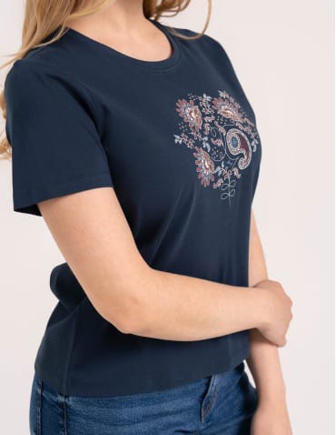 Koszulki z krótkim rękawem - Bawełniany t-shirt damski z krótkim rękawem w stylu boho GRANATOWY - produkt 5