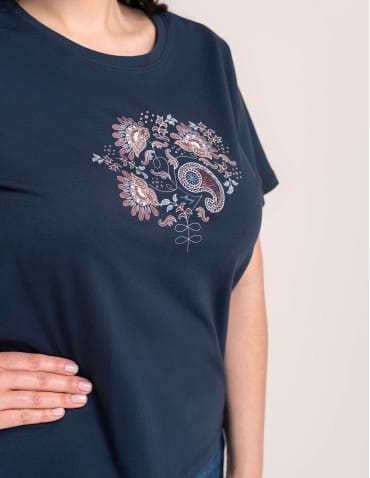 Koszulki z krótkim rękawem - Bawełniany t-shirt damski z krótkim rękawem w stylu boho GRANATOWY - produkt 9