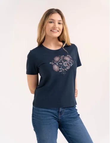 Koszulki z krótkim rękawem - Bawełniany t-shirt damski z krótkim rękawem w stylu boho GRANATOWY - produkt 1