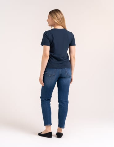 Koszulki z krótkim rękawem - Bawełniany t-shirt damski z krótkim rękawem w stylu boho GRANATOWY - produkt 7